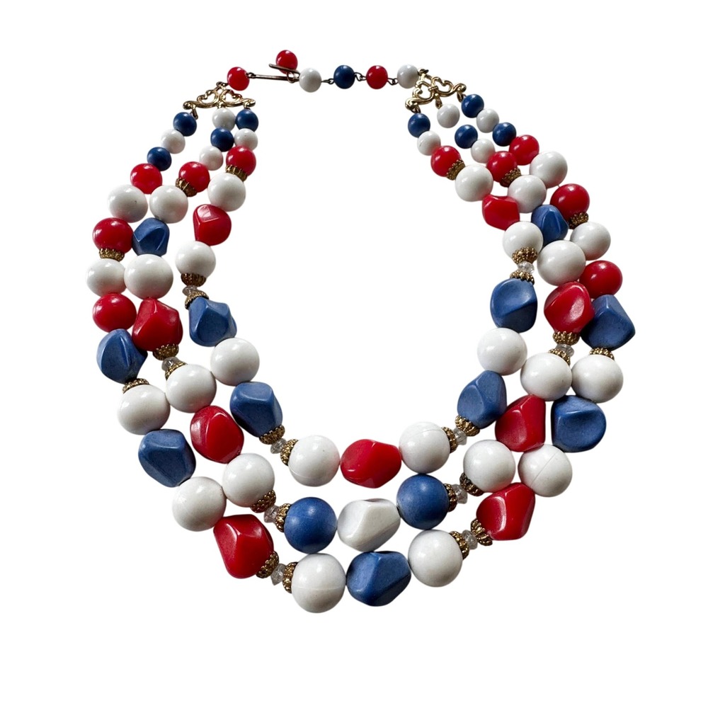 Vintage West Germany Red White Blue Triple Strand Necklace Mid Century Modern